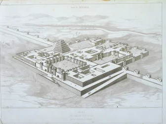 Khorsabad Palace, Historical View from the South-East with Part of the Fortified Walls, Illustration from 