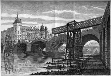 Transformations of Paris under the Second Empire, Haussmann Paris: demolition of the Pont au Change and installation of the temporary bridge. Engraving by Felix Thorigny in 