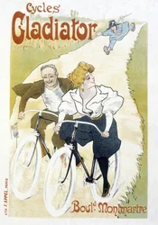 Bike Couple Chased by a Constable - Advertising for Gladiator Cycles, by Misti, c.1895