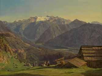 View of the Dachstein with Lake Hallstatt from the Hütteneck Alp near Ischl
