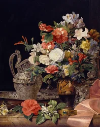 Bouquet of Flowers with Silver Vessels and an Antique Vase