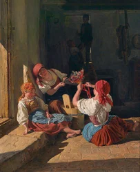 Children decorating a Conscripts hat, 1854