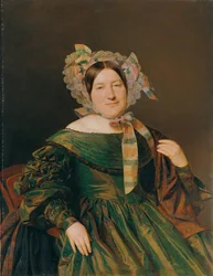 Woman in Green, Salmon-Pink Iridescent Dress
