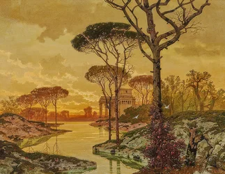 Evening Riverside Landscape with Antique Villa. 1901