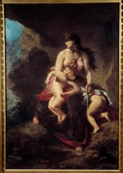 Furious Medea. Medea murders her two children in a cave. Painting by Eugène Delacroix (1798-1863)