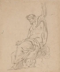 Seated figure of a man, possibly Jupiter, on an eagle, reaching up with his left hand