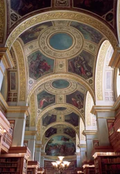 View of the Coffered Library Ceiling with Gilded Stucco Framework Surrounding Spandrels Illustrating Biblical and Classical Scenes, 1844