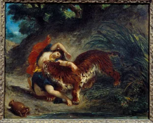 Young woman taken away by a tiger or Indian bitten by a tiger