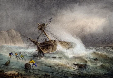 Brigantine stranded, Colour lithograph by Ferdinand Perrot