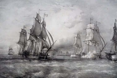 Paul Jones attacking British fleet commanded by Pearson and arriving from Baltic Sea
