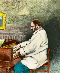 Portrait of Emile Zola playing the organ. Engraving by Desmoulin