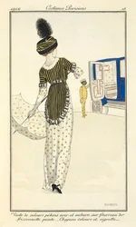 Black and auburn striped velvet dress over a hand-painted frissonnette sheath. Velvet hat and aigrette.