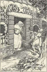 Two Children in the Gingerbread House in the Woods. Illustration by F. Scarpelli for the fable Hansel and Gretel from a collection by the Brothers Grimm. Snow White and Other Tales, Florence