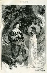 Illustration by Filiberto Scarpelli for the fable "Snow White" from a collection of fables by the Brothers Grimm "Snow White and Other Tales"