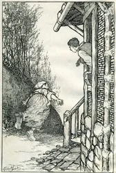 Illustration by Filiberto Scarpelli for the fable "Toinette the Fool" from a collection of fables by the Brothers Grimm "Snow White and Other Tales"