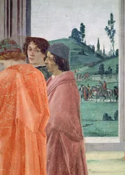 The Dispute with Simon Magus and the Crucifixion of St. Peter. Detail of three figures watching the Crucifixion; central portrait thought to be of Filippino