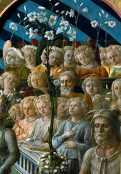 The Coronation of the Virgin. Detail of the choir angels holding lily flowers. The figure at lower right is Saint John the Baptist, patron saint of Florence. Painting (1457-1504)