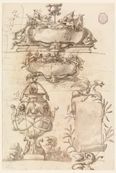 Two escutcheons, decorative vase and a scroll, 1750–75