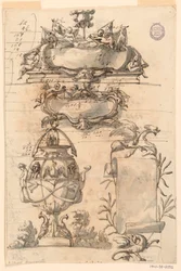 Two escutcheons, decorative vase and a scroll, 1750–75