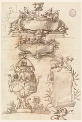 Two Escutcheons, Decorative Vase and a Scroll