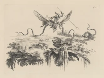 A Savage mounted on a winged Serpent battling with a wild beast resembling a Porcupine