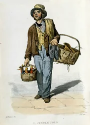 Small business of the city of Naples: the cenciauolo. He was a character who picked up old fabrics and clothes he used to exchange for pieces of soap. Engraving after a painting by F. Palizza. From a work by Francesco de Bourcard 