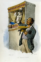 Small business of the city of Naples: the puppeteer. Engraving after a painting by F. Palizza. From a work by Francesco de Bourcard 