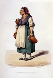 Small business of the city of Naples: walking saleswoman of sulphur water. Engraving after a painting by F. Palizza. From a work by Francesco de Bourcard 