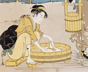 Women washing in river, cover by Firmin Gillot, Le Japon Artistique, art and industry documents collected by Siegfried Bing, monthly publication July 1889, France