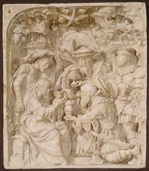 Adoration of the Magi, alabaster and painted gilt relief, Flemish, c.1540