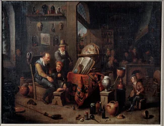 An apothecary The pharmacist in his laboratory helps his apprentices and surrounds his instruments, flask, map, still. In the back, the shop counter