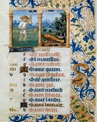 Calendar, June: A Peasant Mowing and the Sign of Cancer. Page from a Book of Hours, 16th Century, Badia de 