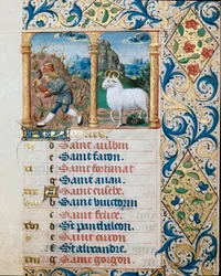 Calendar, the month of March, a sowing peasant and the ram
