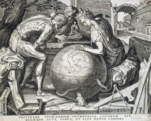 Characters leaning above the globe with compass (allegory of geometry)