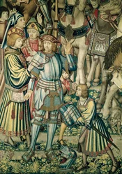 Detail of Uriah the Hittite being armed from Assembling the Riders, from the tapestry of David and Bathsheba