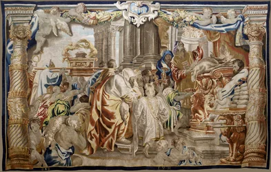 Flemish tapestry. Series Apotheosis of the Eucharist. Sacrifice of Mosaic Law. Model Cartoon copied from an original by Rubens. Brussels manufacture. Mid-17th century