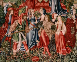 Flemish Tapestry. Series Human Redemption or Vices and Virtues. Vices Lead Man to Sin. Second Tapestry in the Series (First of Those Kept in Palencia). Brussels’ Manufacture, Workshop. Ca 1510. Size 425 x 800 cm. Fabric Gold, Silk and Wool.