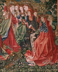 Series Human Redemption or Vices and Virtues. The Virtues challenge the Vices when Christ begins his ministry. Sixth tapestry in the series.