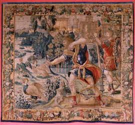 Series The Labours of Hercules. Hercules and the Stymphalian birds. First tapestry in the extant series. Ca 1528.