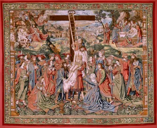 Flemish Tapestry. Series The Passion of Christ. The Descent from the Cross. The Second Tapestry Series of the Passion of Christ Belonging to the Patrimonio Nacional. Model Cartoonists from the Circle of Jan van Roome. Manufacture Pieter van Aelst, Brussels