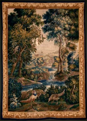 Flemish Tapestry. Verdure (Landscape with Water, Trees, and Pheasants). Atelier of Oudenaarde. 17th Century.