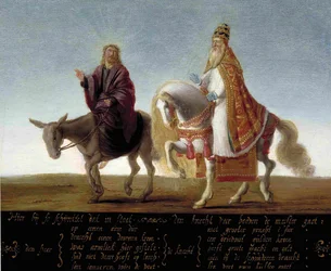 Jesus Represented on a Donkey Beside the Richly Dressed Pope on a Horse