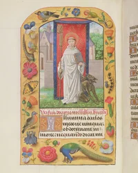 St. Bernard in a Cistercian Habit with a Chained Devil Behind Him, from a Book of Hours, Probably Bruges