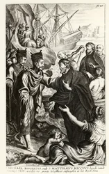 Michael Rogerius (1543-1607) and Matthaeus Riccius (1552-1610) arriving on the coast of China, illustration from a history of the Church by P. Cornelius Hazart, published in Antwerp, 1668