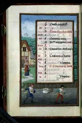Two Men Sowing Corn, illuminated calendar page for October, from a Book of Hours, c.1500