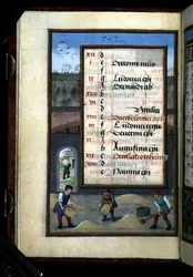 Winnowing Corn in a Barn, illuminated calendar page for August, from a Book of Hours