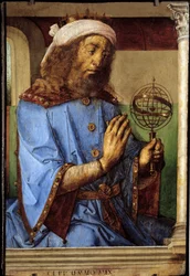 Portrait of Ptolemy (Claudius Ptolemaeus, ca. 90-168), Greek astronomer. Painting by Pedro Berruguete (ca. 1450-before 1504) and Justus of Ghent (1435-1480)