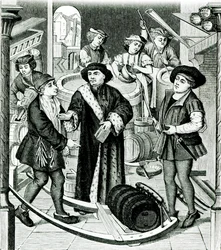 The Bishop of Tournai Receiving the Tithe of Beer Granted by King Chilperic, after a Window of the Cathedral of Tournai