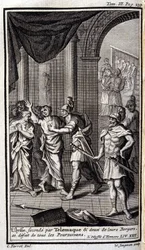 Ulysses seconded by Telemachus and two of their shepherds disband all the pursuers. Illustration for book XXII of the Odyssey by Homer, in the Odyssey, published in Amsterdam in 1731, Private Collection Milan