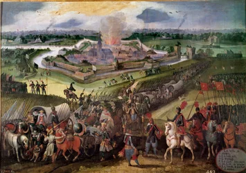 War against the Netherlands: View of the city of Ardres: Archduke Albert of Austria seized the city in 1596. Painting of the Flemish School of the 17th century. Real Monasterio de El Escorial, El Escorial, Spain